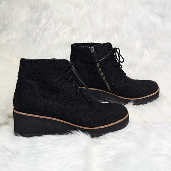 Eileen Fisher Crew Felted Lace-Up Bootie black wool comfy wedge heel zip 5.5 Sz9 - Picture 4 of 11